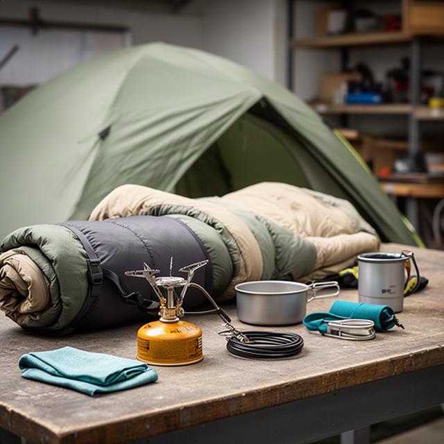 Sorgfältig geprüfte Mietausrüstung mit Trekkingzelt, Schlafsack und Campingkocher in einer Werkstatt