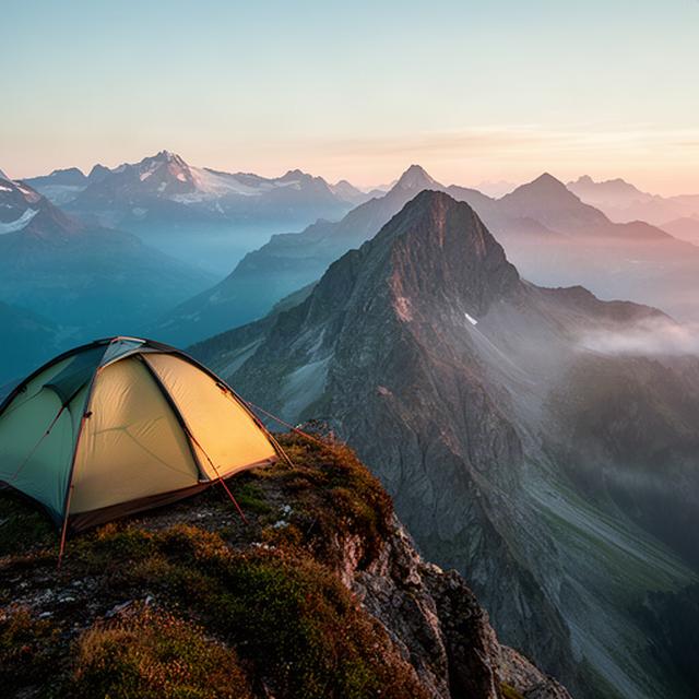 Bergzelt bei Sonnenaufgang auf einem alpinen Grat über Basel