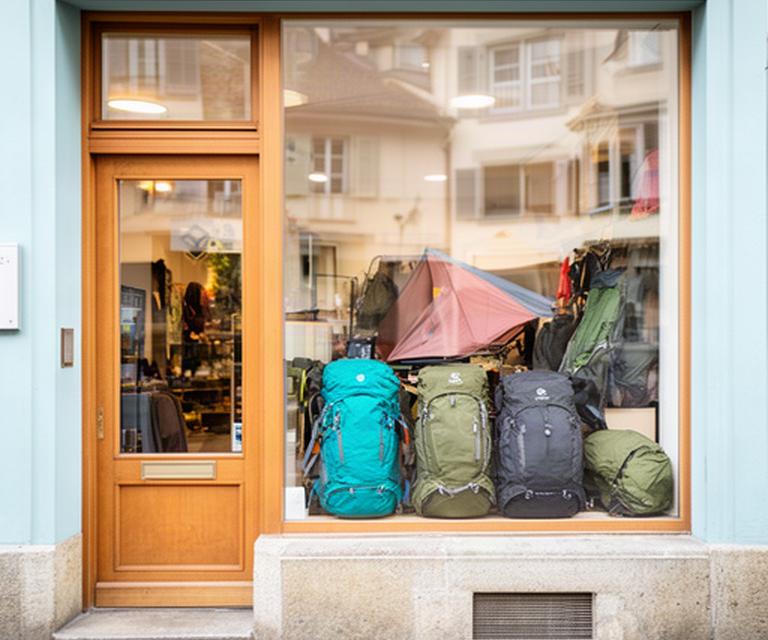 Eingang eines Campingausrüstungsgeschäfts an der Tödistrasse in Basel mit Rucksäcken im Schaufenster