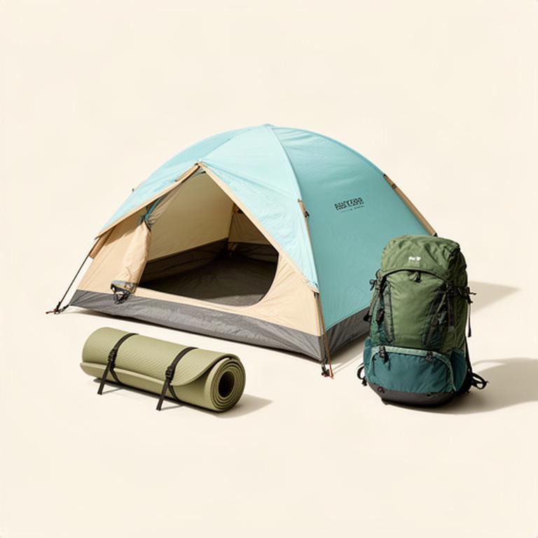 Campingausrüstung mit Zelt, Isomatte und Rucksack auf einer hellen Unterlage