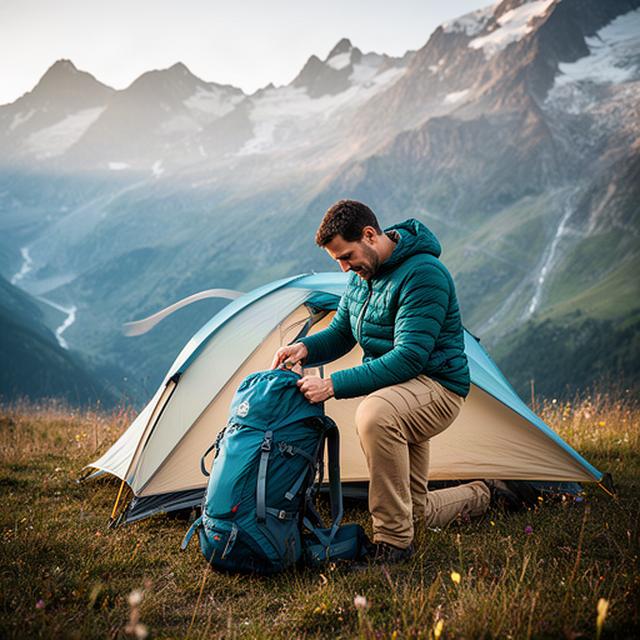 Outdoor-Beraterin prüft einen Rucksack neben einem aufgebauten Zelt in einer alpinen Landschaft