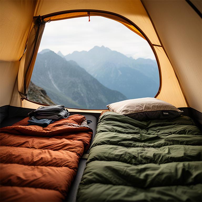 Warmer Daunenschlafsack und Isomatte in einem offenen Bergzelt