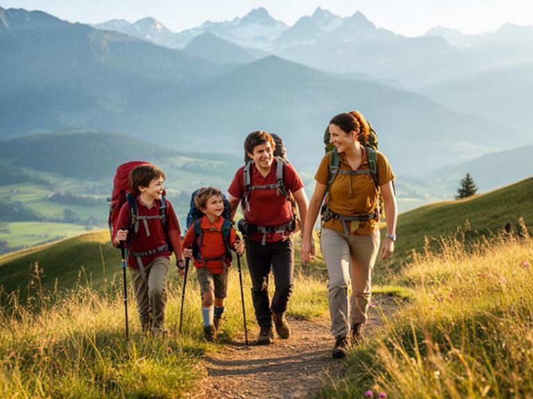 Familie mit Wanderrucksäcken auf einem sonnigen Bergweg oberhalb von Basel