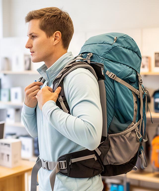 Kunde probiert einen Trekkingrucksack im hellen Fachgeschäft in Basel an