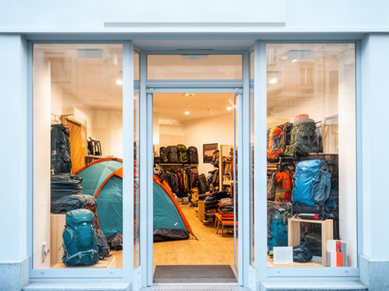 Heller Eingangsbereich eines Campingfachgeschäfts an der Tödistrasse in Basel