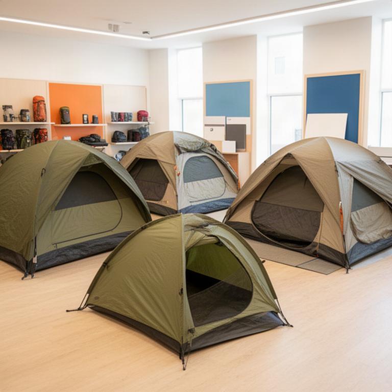 Auswahl robuster Trekking- und Familienzelte in einem hellen Fachgeschäft