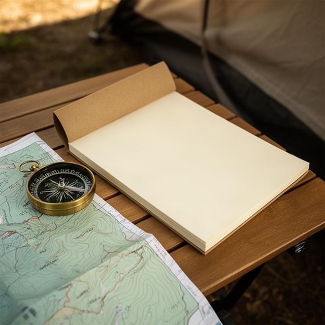 Notiz mit Kontaktangaben neben Kompass und Wanderkarte auf einem Campingtisch