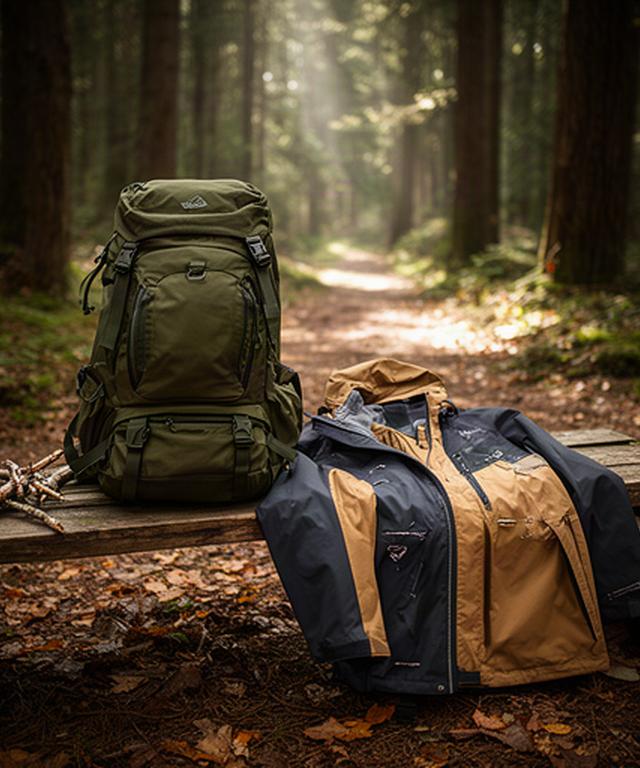 Robuster Rucksack und reparierte Outdoorjacke auf einer Holzbank im Wald