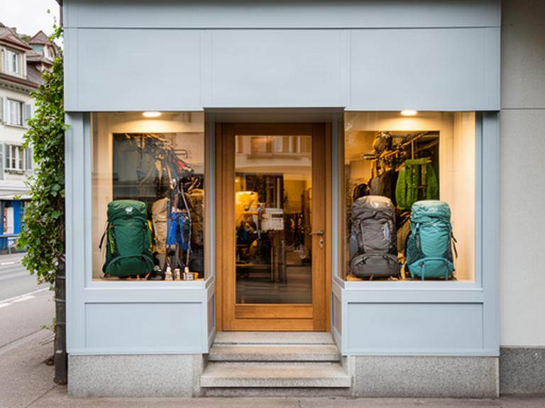 Eingang eines Campingfachgeschäfts an der Tödistrasse in Basel mit Rucksäcken im Schaufenster