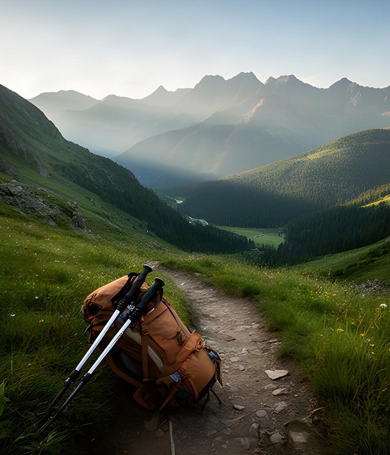 Wanderweg über einem grünen Tal mit Rucksack und Trekkingstöcken im Vordergrund