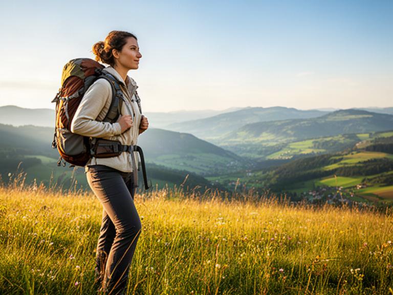 Wanderin mit Tagesrucksack auf einer sonnigen Bergwiese oberhalb von Basel