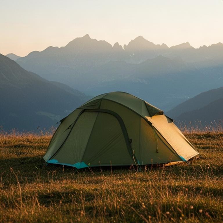 Zweipersonenzelt auf einer alpinen Wiese bei warmem Abendlicht in der Nähe von Basel