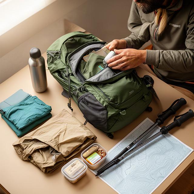 Wanderin packt eine leichte Ausrüstung neben einer groben Tourenkarte und einer Trinkflasche