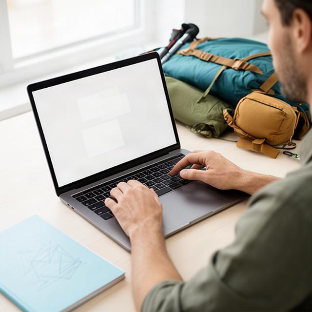 Person prüft eine digitale Bestellung für Campingausrüstung an einem hellen Schreibtisch