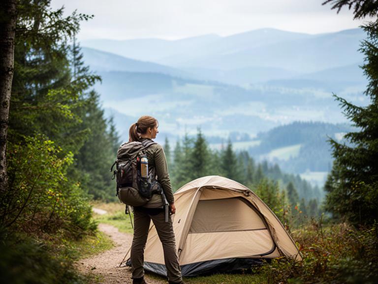 Wanderin mit Rucksack vor einem Zelt am Waldrand im Schweizer Jura