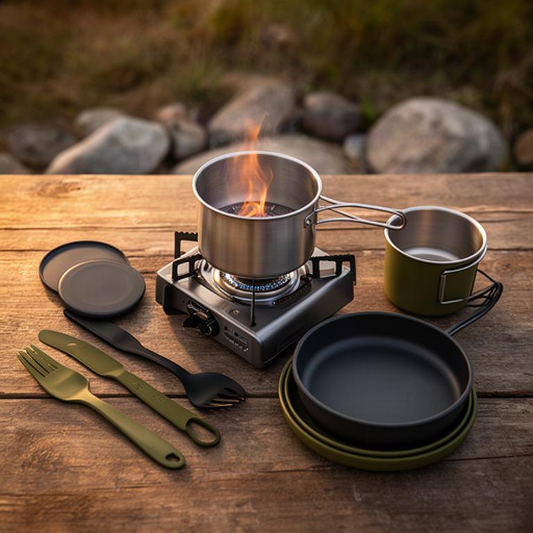 Kompakter Campingkocher mit Topf und Besteck auf einem Holztisch im Freien