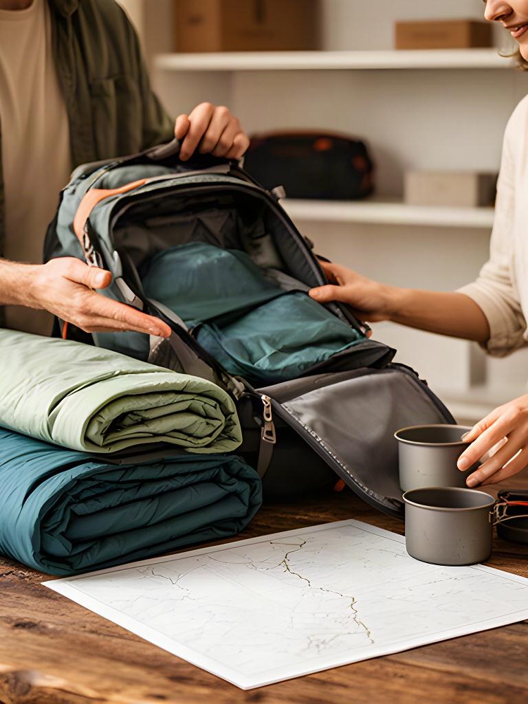 Beratung zu Campingausrüstung an einem Holztisch mit geöffnetem Rucksack und Karte