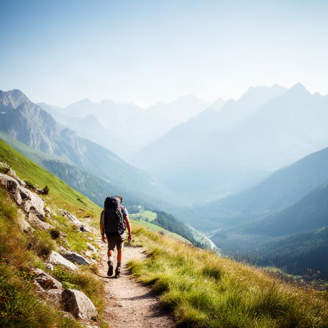 Wandernde Person mit Rucksack auf einem hellen Bergweg mit Blick ins Tal