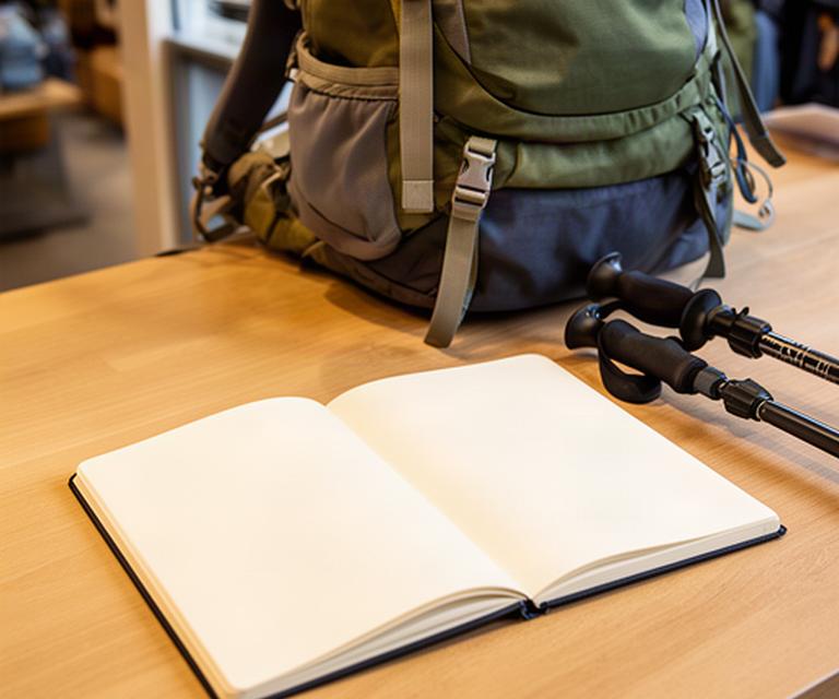 Notizbuch mit Tourdaten neben Rucksack und Wanderstöcken auf einer Verkaufstheke