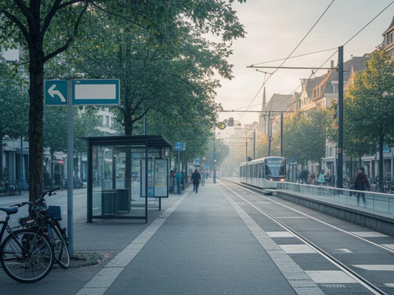 Fussweg mit Tramhaltestelle und Wegweisern in Basel nahe dem Campingfachgeschäft